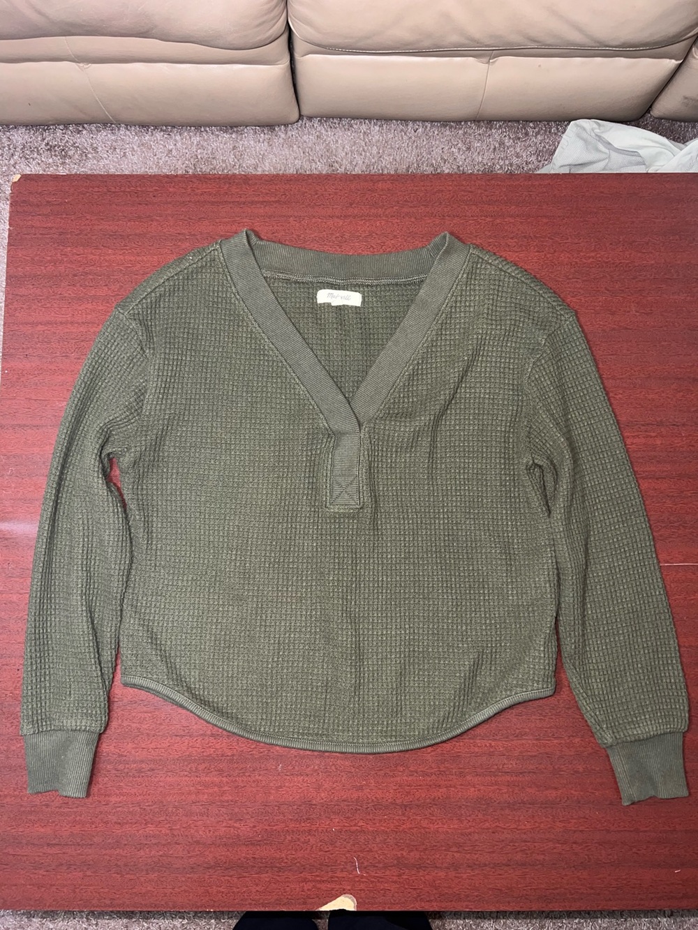Olive Green Waffle Knit V-Neck Top